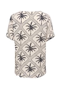 Chemise beige à manches courtes avec motifs répétitifs de palmiers noirs encadrés par des formes en losange sur fond blanc.