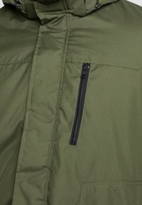 Grüne Winterjacke mit schwarzem vertikalem Reißverschluss auf der Brust und Kapuze mit Kordelzug, die den Oberkörper und einen Teil des Bartes zeigt.
