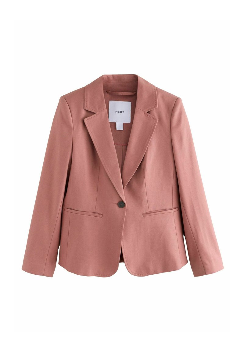 Růžový blazer s klopami, jedním knoflíkem na zapínání a dvěma předními kapsami. Vyrobený z hladkého materiálu s pevným střihem.