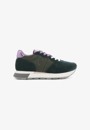 Sneakers featuring a dark green suede upper, purple accents, white laces, and a gray rubber sole. Smooth texture with logo detail.