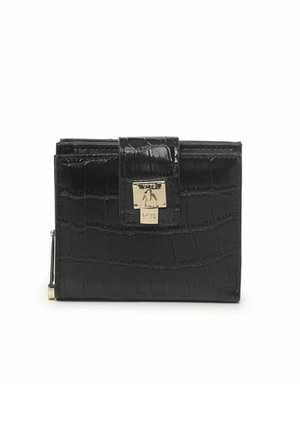 Portafoglio in ecopelle di coccodrillo nera con chiusura a scatto argentata e dettagli hardware dorati. Forma quadrata compatta con finitura testurizzata.
