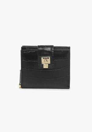 Portafoglio in ecopelle di coccodrillo nera con chiusura a scatto argentata e dettagli hardware dorati. Forma quadrata compatta con finitura testurizzata.