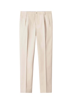 Pantalones beige a medida con pinzas delanteras, bolsillos laterales, trabillas para cinturón, cierre con botón y un ajuste recto y slim en la pierna.