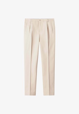 Beige, maßgeschneiderte Hose mit vorderen Abnähern, Seitentaschen, Gürtelschlaufen, Knopfverschluss und schmaler, gerader Passform.