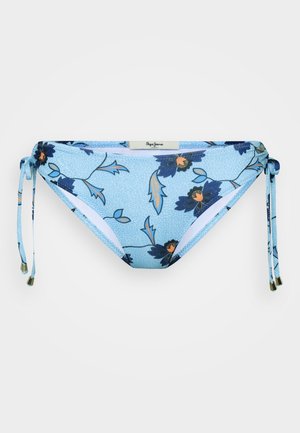 Blå bikinitruse med blomstertrykk i mørkeblått og oransje. Har knyttesider for justering og et teksturert mønster for ekstra detaljer.