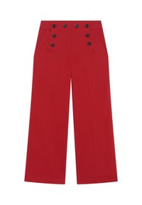 Röda vida byxor i slät väv, med hög midja och sex svarta knappar framtill samt sidfickor.