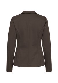 Donkerbruine getailleerde blazer met lange mouwen en een kraag, van achteren getoond op een witte achtergrond.