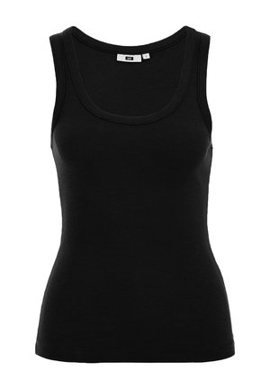 Mustmustriibuline tank top, millel on sügav kaelus, ilma varrukateta disain ja keha lähedane sobivus. Sises on suuruse etikett.