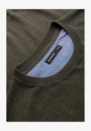 Dunkelgrüner Pullover mit rundem Ausschnitt. Der Kragen hat eine hellblaue Innenseite und besteht aus einem weichen, strukturierten Stoff.