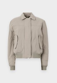 Kaki bombarder jakna s patentnim zatvaračem, dva bočna džepa, rebrasti manšeti i porub. Glatka tkanina sa blagim jastučićem.