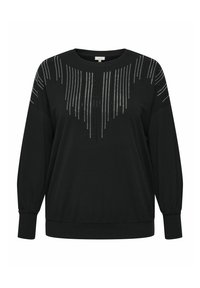 Černá mikina s kulatým výstřihem, dlouhými nabíranými rukávy a předním potiskem se svislými řadami stříbrných kamínků. Měkká textura.