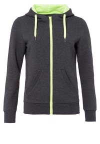 Sudadera con cremallera gris con un interior verde brillante y cordones; presenta dos bolsillos frontales y puños y dobladillo de canalé.