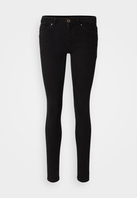 Pantalones vaqueros negros ajustados con un diseño clásico de cinco bolsillos, hechos de mezclilla, con una cintura de altura media y un cierre de botón. Textura suave y uniforme.
