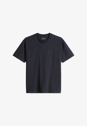 Schwarzes T-Shirt mit kurzen Ärmeln und Rundhalsausschnitt, mit dezentem Logo-Stickereimotiv mittig auf der Brust.