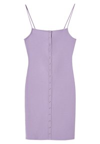 Lilac ærmeløs kjole med tætsiddende pasform, der har en frontknaplukning med sølvdetaljer og en glat, strækbar tekstur.