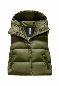 Giacca a vento verde oliva con cappuccio, caratterizzata da una chiusura a zip frontale, due tasche laterali e sezioni imbottite per l'isolamento.