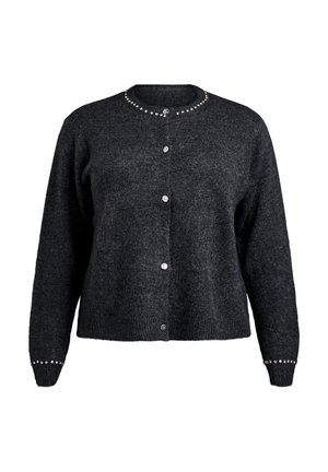 Dark gray knitted cardigan with long sleeves, round neckline, six button closures, and silver embellishments along the collar and cuffs.