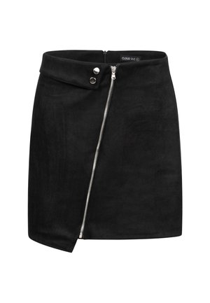 Mini falda de ante negro con cremallera lateral y dos botones plateados en la cintura. Presenta un dobladillo asimétrico y una textura suave.