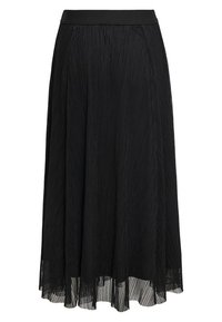 Jupe maxi plissée noire avec une taille lisse, présentant un design fluide et un ourlet superposé qui ajoute de la texture et du mouvement.