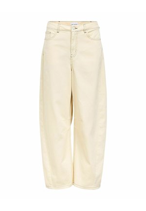 Pantalon crème taille haute à jambes larges avec poches avant et arrière, passants pour ceinture, et fermeture par bouton et fermeture éclair.