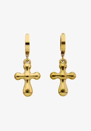 Cercei de tip cerc din aur, cu pandantive lustruite în formă de cruce rotunjită atârnând de fiecare cerc, prezentate pe un fundal alb.