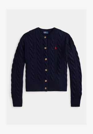 Μπλε ναυτικό πλεκτό ζακέτα με στρογγυλή λαιμόκοψη, καφέ κουμπιά μπροστά, μανσέτες και τελείωμα με ρίγες και μικρό κόκκινο κεντημένο λογότυπο στο στήθος.