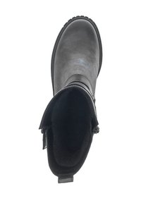 Black leather ankle boot with a rounded toe, soft interior lining, zip closure on the side, and textured rubber sole for grip.
