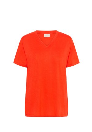 Camiseta de cuello en V y manga corta en un brillante color naranja. Fabricada con un material suave, de corte relajado y diseño simple. Sin patrones ni acentos adicionales.