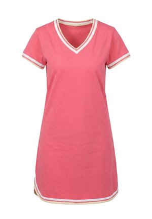 Rózsaszín rövid ujjú ruha V-nyakkivágással, fehér és bézs szegéllyel a nyakon, az ujjakon és az alján, enyhén harang alakú A-vonalú sziluettel.