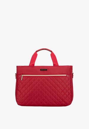 Czerwona pikowana torba na ramię z podwójnymi uchwytami u góry, przednią kieszenią na zamek błyskawiczny i eleganckim, błyszczącym wykończeniem; zawiera złoty zamek błyskawiczny i akcent z logo.