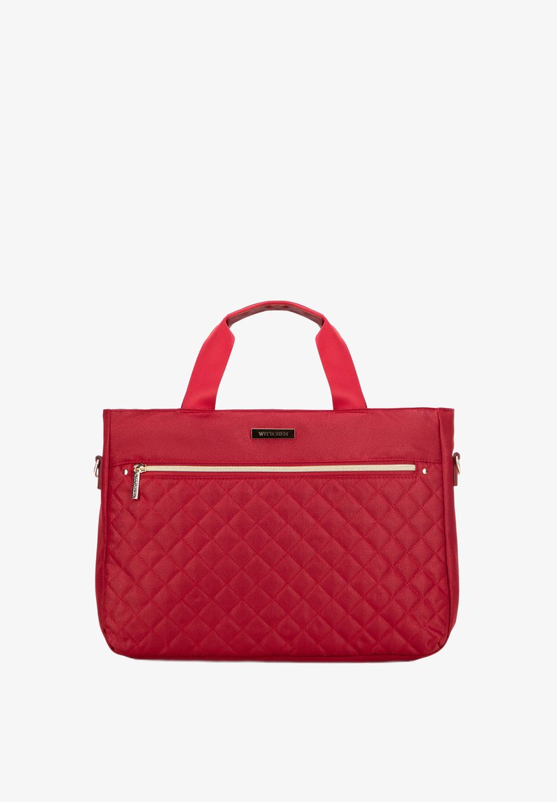 Rode gewatteerde tote bag met dubbele handgrepen aan de bovenkant, een voorzak met rits en een strakke glanzende afwerking; beschikt over een goudkleurige rits en logoaccent.