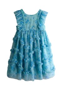 Blaues Blumenkleid mit gerafften Trägern und mehrlagigem, transparentem Stoff. Verziert mit blauen Blumen auf hellblauem Hintergrund und Rüschendetails.