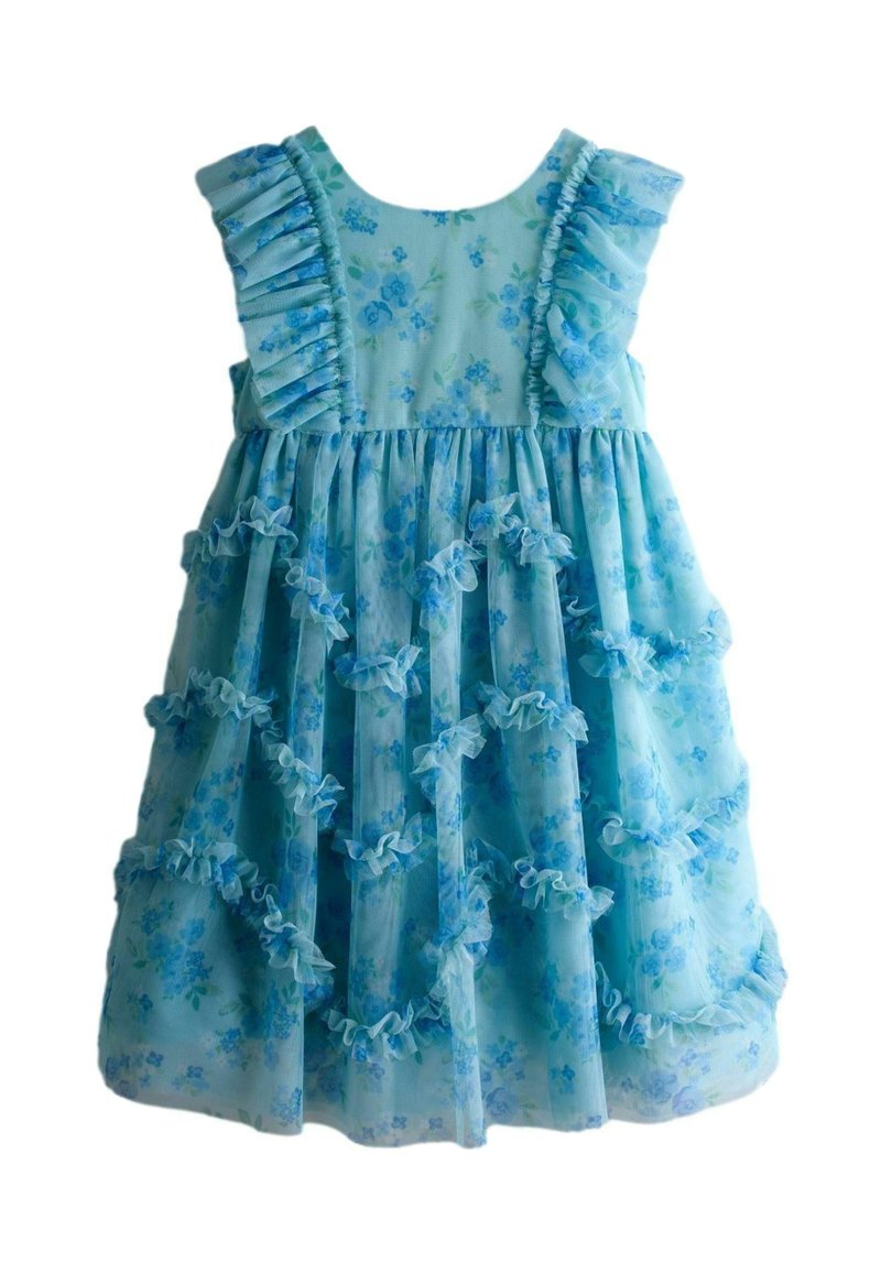 Blaues Blumenkleid mit gerafften Trägern und mehrlagigem, transparentem Stoff. Verziert mit blauen Blumen auf hellblauem Hintergrund und Rüschendetails.