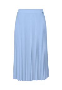 Gonna midi plissettata azzurro chiaro con vita aderente e piccolo dettaglio in metallo vicino alla vita su sfondo bianco.