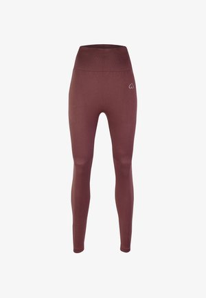 Bordowe legginsy z wysokim stanem o prążkowanej teksturze, z małym białym logo w kształcie serca na lewym biodrze i bezszwowym wykończeniu.