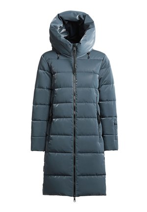 Ilgas pūstas paltas tamsiai žalsvu atspalviu, turintis aukštą apykaklę, užtrauktuką, šonines kišenes ir siuvinėtą blizgiu paviršiumi dizainą.