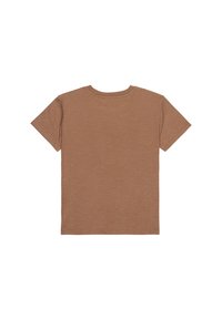 Hnědé tričko s krátkým rukávem vyrobené z texturovaného materiálu, s klasickým kulatým výstřihem a jednoduchým, nezdobeným designem.