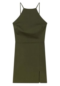 Vihreä oliivinvärinen hihaton mini-mekko, jossa on muotoiltu yläosa, suora helma ja sivureikä. Valmistettu sujuvasta, joustavasta kankaasta.