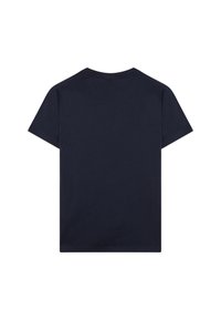 Marineblauwe T-shirt met korte mouwen, gemaakt van katoen, met een ronde hals en een effen achterkant zonder extra patronen of accenten.