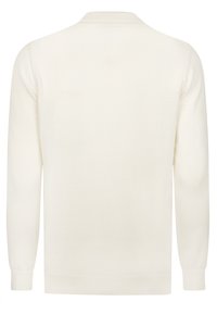 Kremowy sweter z długim rękawem, wykonany z miękkiego materiału, z okrągłym dekoltem oraz ściągaczami na mankietach i dolnym końcu.