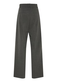 Hallid laialehallid püksid tekstuurse viimistlusega, millel on kaks tagataskut ja vööaasadega vöökoht. Sile kangas.