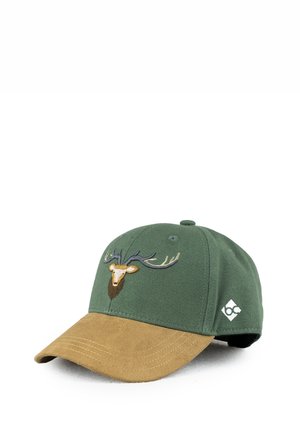 Green fabric cap with a tan suede brim, featuring an embroidered deer head with antlers and a logo on the side.