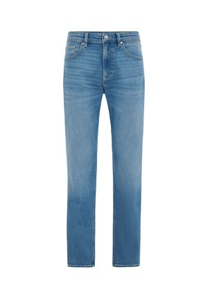 Hellblaue Jeans aus Denim mit geradem Bein, Knopf- und Reißverschluss, zwei Vordertaschen und dezenter Used-Optik für Textur.