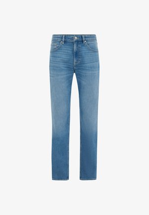 Jean en denim bleu clair avec coupe droite, fermeture à boutons et fermeture éclair, deux poches avant, et légère décoloration pour la texture.