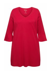 Top tunica rosso a scollo a V con maniche a tre quarti a campana. Realizzato in cotone, presenta una superficie liscia e una vestibilità casual. Nessun motivo o dettaglio aggiuntivo.