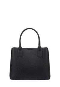 Black handbag made of textured material. Features dual sturdy handles and a structured rectangular shape, with minimal hardware and no embellishments.
