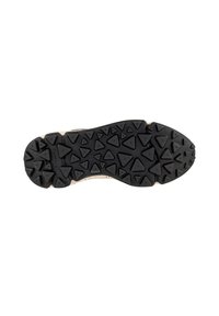 Suola in gomma nera con scanalature triangolari prominenti, superficie texture e un bordo beige. Progettata per trazione e stabilità.