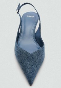 Chaussure slingback en denim avec un bout pointu et un dos ouvert. Extérieur en tissu bleu clair, doublure intérieure lisse bleue, et des éléments décoratifs minimalistes.