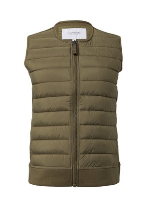 Oliwkowa kamizelka bez rękawów z wypełnieniem, o pikowanej fakturze, z przodu na zamek błyskawiczny i dzianinowym dolnym brzegu. Prosty design, lekki materiał.