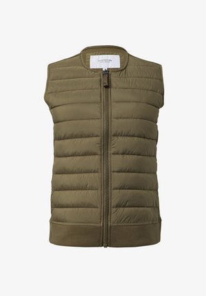 Oliwkowa kamizelka bez rękawów z wypełnieniem, o pikowanej fakturze, z przodu na zamek błyskawiczny i dzianinowym dolnym brzegu. Prosty design, lekki materiał.